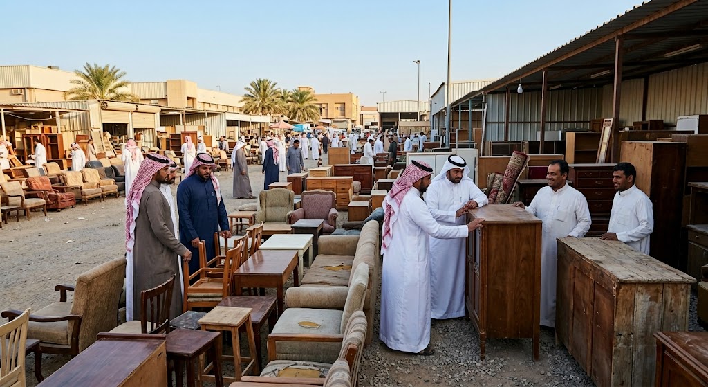عمال محترفون يقومون بفحص وتقييم وتحميل الأثاث المنزلي والمكتبي بعناية داخل سيارات نقل مجهزة ضمن أعمال شراء الاثاث المستعمل حي المصانع بالرياض لضمان تقديم أفضل الأسعار وإتمام عملية البيع بسرعة وأمان