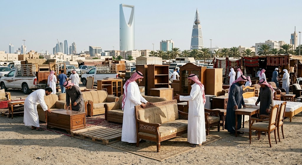 عمال متخصصون يقومون بفحص وتقييم وتحميل أثاث منزلي مستعمل بعناية داخل سيارات نقل مجهزة ضمن أعمال شراء الاثاث المستعمل الدارالبيضاء بالرياض لضمان تقديم أفضل الأسعار وخدمة سريعة وموثوقة