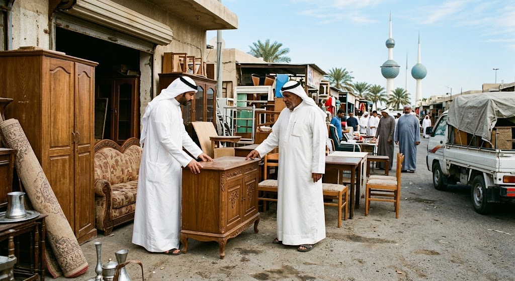 عمال محترفون يقومون بفحص وتقييم وتحميل الأثاث المنزلي بعناية داخل شاحنات نقل مجهزة ضمن أعمال شراء الاثاث المستعمل النظيم بالرياض لضمان تقديم أعلى العروض السعرية وإتمام عملية النقل بسرعة وأمان