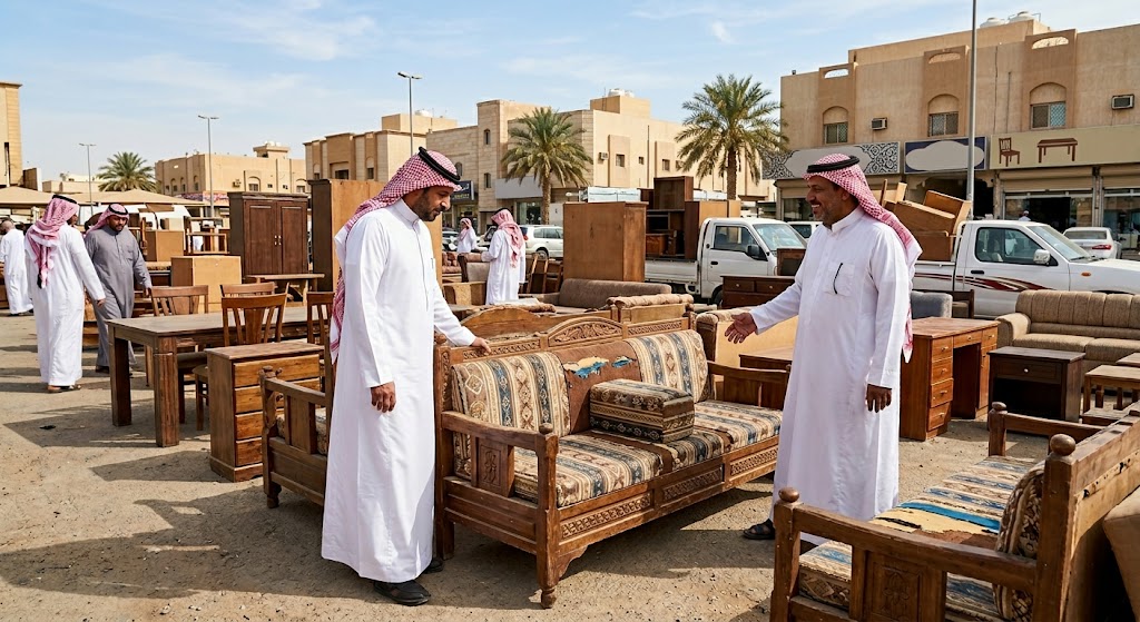 فريق عمل متخصص يقوم بتقييم وتحميل قطع أثاث منزلي ومجالس مستعملة من داخل منزل في حي النظيم بالرياض لضمان نقلها شراء اثاث مستعمل بالنظيم بالرياض