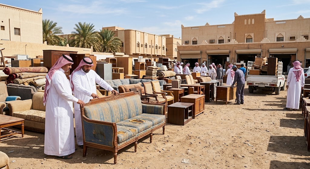 فريق عمل متخصص يقوم بتقييم وتحميل قطع أثاث منزلي ومجالس مستعملة من داخل فيلا سكنية في حي المغرزات بالرياض لضمان نقلها بسرعة شراء اثاث مستعمل المغرزات بالرياض