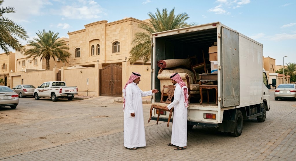 فريق متخصص يقوم بتقييم ونقل الأثاث ضمن خدمات شراء الاثاث المستعمل حي النسيم بالرياض