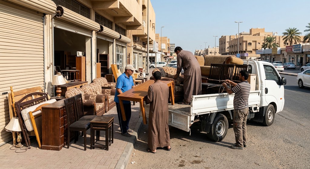 فريق متخصص يقوم بمعاينة وتقييم ونقل الأثاث بأمان واحترافية ضمن خدمات شراء الاثاث المستعمل حي المغرزات بالرياض